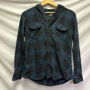 TNA by Aritzia Boyfriend Fit Hooded Button Down Flannel Plaid 100% Cotton Shirt